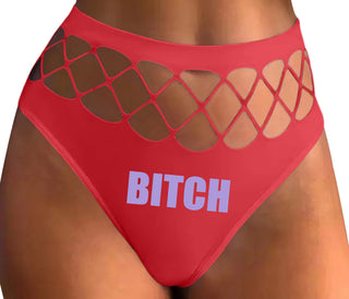 Bitch - Bold Font - Red Fishnet Thong