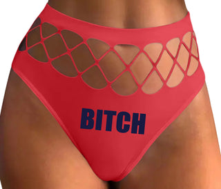 Bitch - Bold Font - Red Fishnet Thong