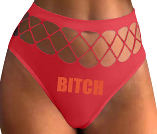 Bitch - Bold Font - Red Fishnet Thong