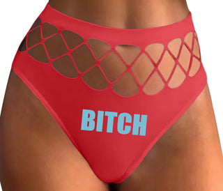 Bitch - Bold Font - Red Fishnet Thong