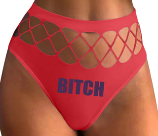 Bitch - Bold Font - Red Fishnet Thong