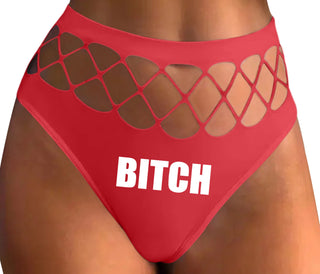 Bitch - Bold Font - Red Fishnet Thong