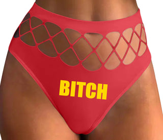 Bitch - Bold Font - Red Fishnet Thong