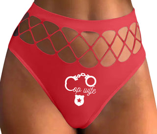 Cop Wife - Cute Handcuffs - Red Fishnet Thong