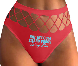 Eat My Cum Filled Pussy Sissy Boi - Red Fishnet Thong