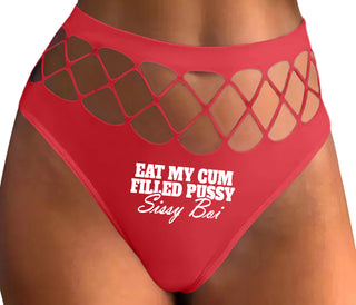 Eat My Cum Filled Pussy Sissy Boi - Red Fishnet Thong