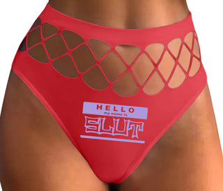 Hello My Name Is Slut - Red Fishnet Thong