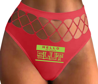 Hello My Name Is Slut - Red Fishnet Thong