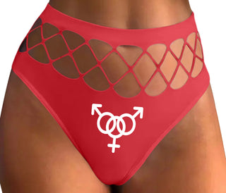 MMF Threesome - Red Fishnet Thong