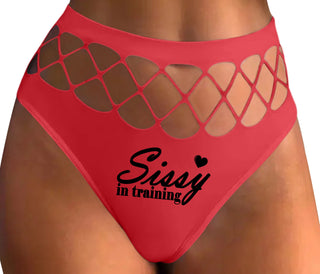 Sissy In Training - Red Fishnet Thong