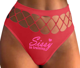 Sissy In Training - Red Fishnet Thong