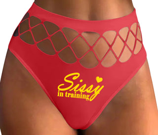 Sissy In Training - Red Fishnet Thong