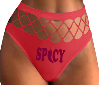 Spicy - Cute Pepper Logo - Red Fishnet Thong