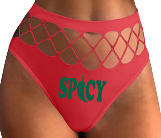 Spicy - Cute Pepper Logo - Red Fishnet Thong