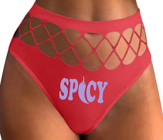 Spicy - Cute Pepper Logo - Red Fishnet Thong