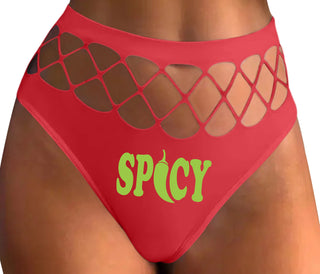 Spicy - Cute Pepper Logo - Red Fishnet Thong