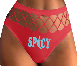 Spicy - Cute Pepper Logo - Red Fishnet Thong