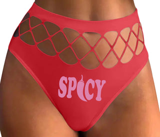 Spicy - Cute Pepper Logo - Red Fishnet Thong