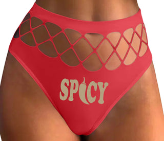 Spicy - Cute Pepper Logo - Red Fishnet Thong