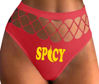 Spicy - Cute Pepper Logo - Red Fishnet Thong