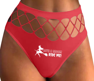 Save A Broom - Ride Me - Witch - Red Fishnet Thong