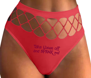 Take These Off And Spank Me - Red Fishnet Thong