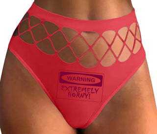 Warning Extremely Horny - Red Fishnet Thong