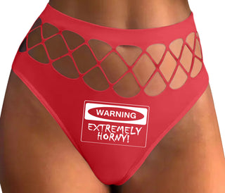 Warning Extremely Horny - Red Fishnet Thong
