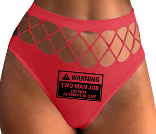 Warning Two Man Job - Red Fishnet Thong