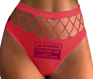 Warning Two Man Job - Red Fishnet Thong