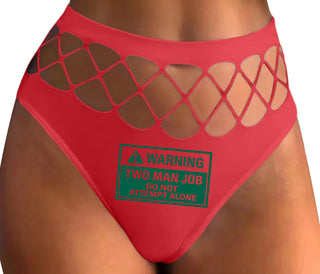 Warning Two Man Job - Red Fishnet Thong