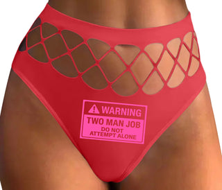 Warning Two Man Job - Red Fishnet Thong