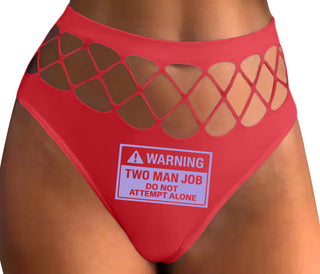 Warning Two Man Job - Red Fishnet Thong