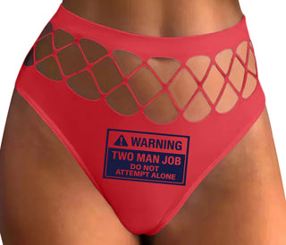 Warning Two Man Job - Red Fishnet Thong