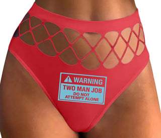 Warning Two Man Job - Red Fishnet Thong