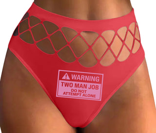 Warning Two Man Job - Red Fishnet Thong