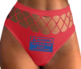 Warning Two Man Job - Red Fishnet Thong