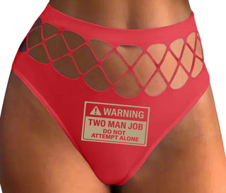 Warning Two Man Job - Red Fishnet Thong