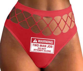 Warning Two Man Job - Red Fishnet Thong