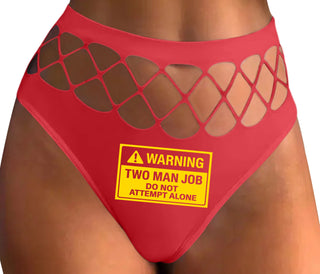 Warning Two Man Job - Red Fishnet Thong
