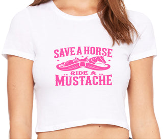 Save A Horse Ride A Mustache - White Crop Top