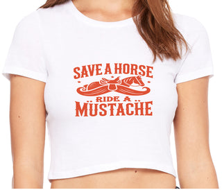 Save A Horse Ride A Mustache - White Crop Top
