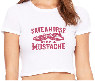 Save A Horse Ride A Mustache - White Crop Top