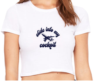 Slide Into My Cockpit - White Crop Top