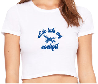 Slide Into My Cockpit - White Crop Top