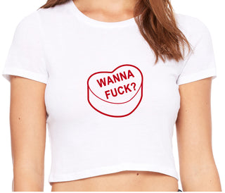 Valentines Day Candy - Wanna Fuck - White Crop Top