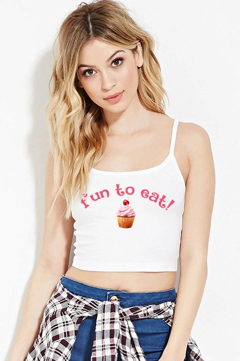 FUN To EAT CUPCAKE cup cake cropped white tank top fun and flirty super cute shirt bright and colorful