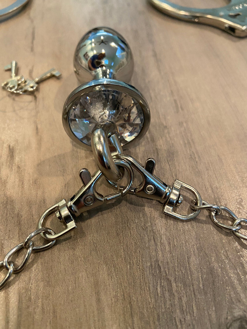 Bondage handcuff butt plug and chain set with jeweled anal plug for your bdsm slave or fucktoy ddlg play cuff set
