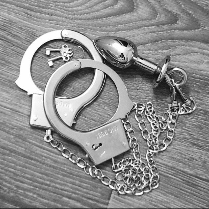 Bondage Handcuff and Chain Set with Jeweled Butt Plug Cat House Riot Bondage Handcuff and Chain Set with Jeweled Butt Plug Cat House Riot