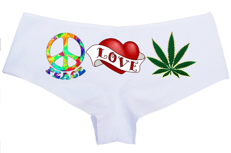 PEACE LOVE WEED marijuana leaf pot weed boy short panty panties new boyshort color choices sexy funny ass tray roll on it great for raves